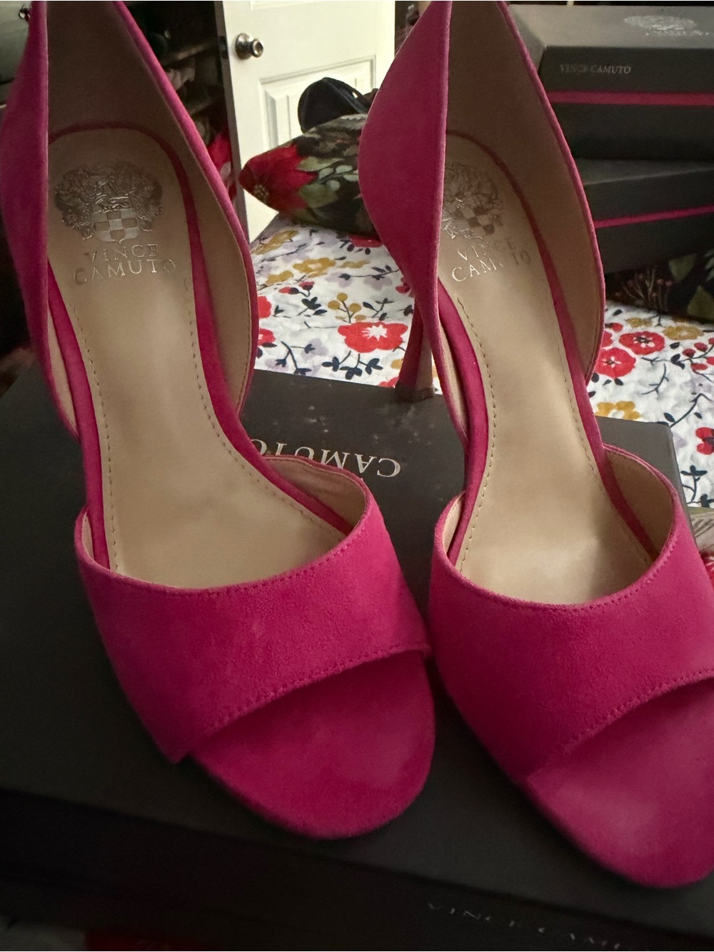 Vince Camuto Fuchsia Suede Open-Toe D'Orsay Heels